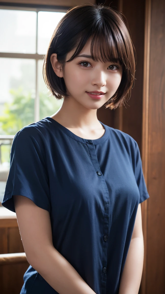 (One girl), (Highest quality), (masterpiece), (High resolution), (Intricate details), (photoRealistic), (Cinematic Light) One girl, short hair, alone, View your viewers, Brown Hair, shirt, Realistic, Upper Body, smile, lips, parted lips, blue shirt, window, Blurred, Red eyes, indoor