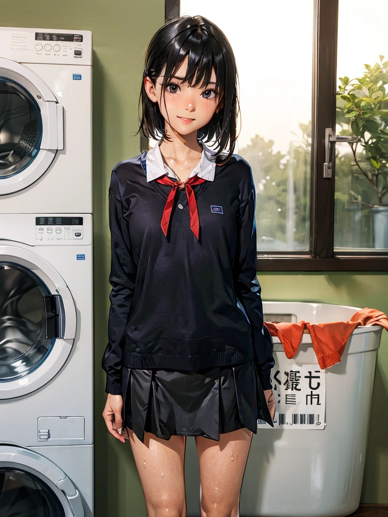 One girl, Laundry room,washing machine, Laundry basket, a few underwears are in a Laundry basket, hair,Color Hair Color, Small breasts、break,blush, bow, 赤いbow, Long sleeve, shirt, 襟付きのshirt, skirt, プリーツskirt, 黒いskirt, Small breasts, {{{Face close-up}}},Upper Body,,Pay attention to the panties,Quality underwear, Looking down,View your viewers, Panties as a gift, Tabletop, Highest quality, , Absurd, Perfect Skin, Detailed skin texture, Ultra-detailed, 8k, Intricate details, Beautifully detailed face,High resolution, {{{Shadowed face}}}, to ridicule, {{{Grit your teeth:1.2}}}, Grin, smile, 視聴者をLooking down, masterpiece,Absurd, Beautiful detailed face when viewed from the front,
