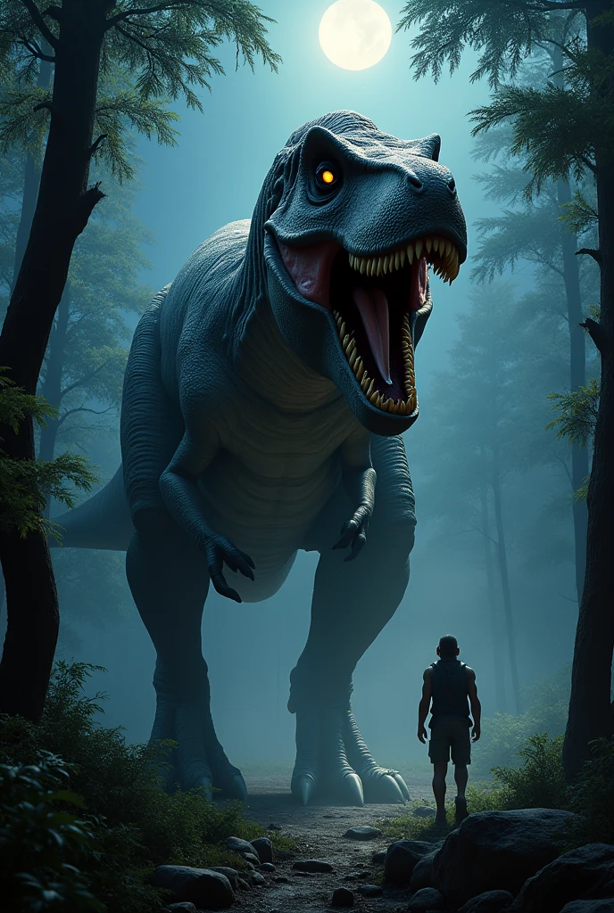 Tyrannosaurus Rex in the African forest at night in front of a man 