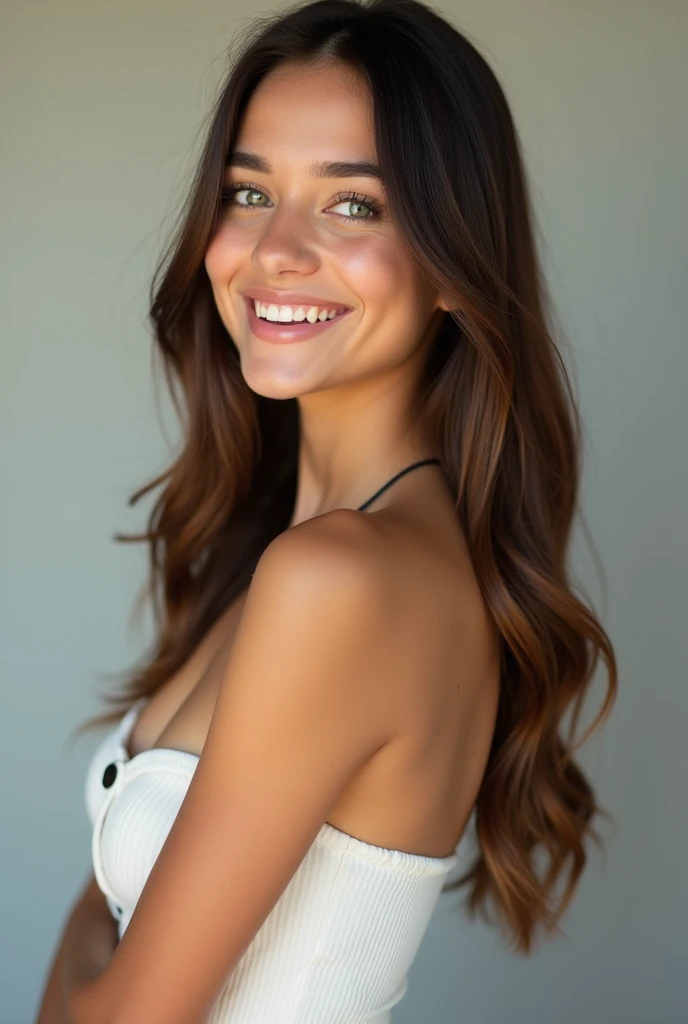 Young girl 20 years old, Mexican thin round face, big green eyes, toned fit body, long brown coffee colored hair, straight hair with natural shine, smile for the camera, she poses for the camera, smile flirtatiously, She wears a strapless dress with a front closure, front closure. The dress has a closure, low-cut