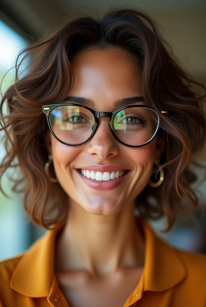 A Brazilian woman wearing a Pollo collar dress, curly hair, glasses, smiling