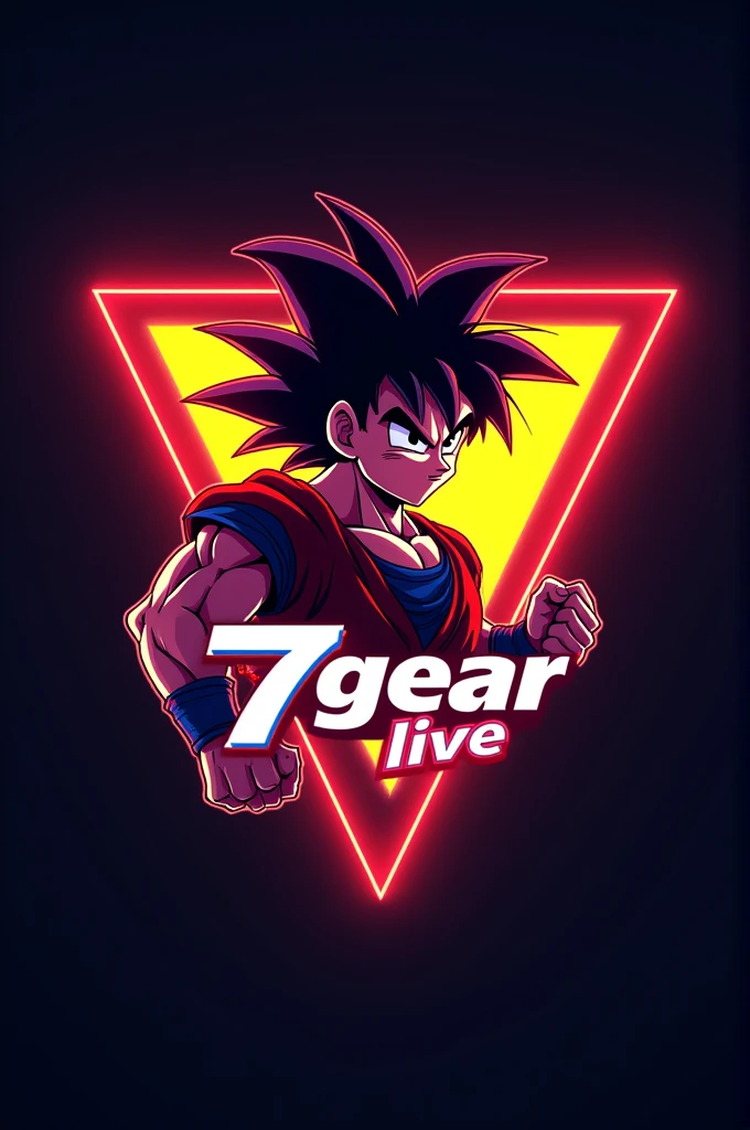 Creat a gaming logo for gaming channel with Goku anime character in front with triangle background of neon yellow and red colour, featuring the name as "7TH GEAR LIVE" with futuristic font