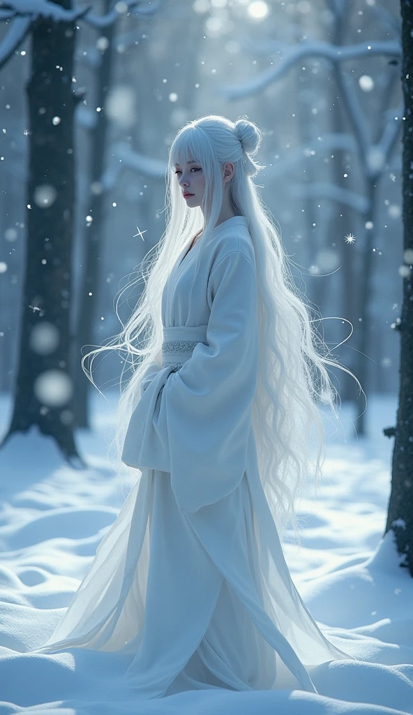 A scene in which a Yuki-onna stands gracefully in a quiet snowy forest. Her long white hair shines like snow, and her clear skin blends into the cold landscape. She is wearing her beautiful kimono, and snowflakes are falling down her hem and sleeves. All around me, snow was falling gently, and the trees were wearing a white coat. The snow woman's eyes are mysterious, with a somewhat sad expression, and her presence blends into this cold world. In the background, sparkling snowflakes dance in the dim light, creating a mysterious and beautiful winter landscape.