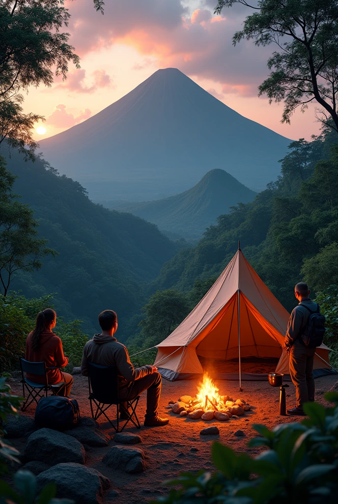 Photorealism 1.4 realistic realism high detailed definition  campsite  jungle at hills  facing volcano mountain man sitting on the chair dusk mode campfire tent view from the air bagpack beside big  tent women cooking view from above one person taking a picture