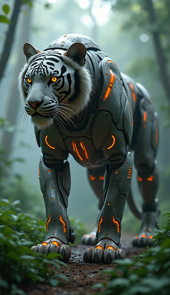 A large, robotic tiger stands in a lush, misty jungle setting, illuminated with glowing orange accents. Its intricate metallic body features a combination of sleek surfaces and tribal patterns, emphasizing a fierce and powerful stance. The background is filled with dense foliage and soft, ethereal lighting, enhancing the creature's imposing presence.