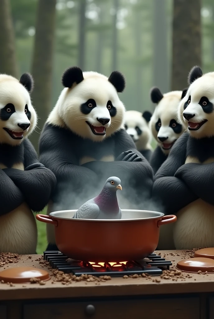 Ultra-realism, (masterpiece, best quality, ultra detailed, photorealistic:1.2), ((Muscular panda has a smiling expression)), A group of muscular pandas with folded arms are gathered around watching a grey pigeon being cooked in a big stockpot on the stove., forest, (big stockpotからグレーのハトの頭が出ている), ((A big stockpot on a stove over high heat)), (Gray pigeon has a frightened expression), (There are many refrigerators behind the panda),