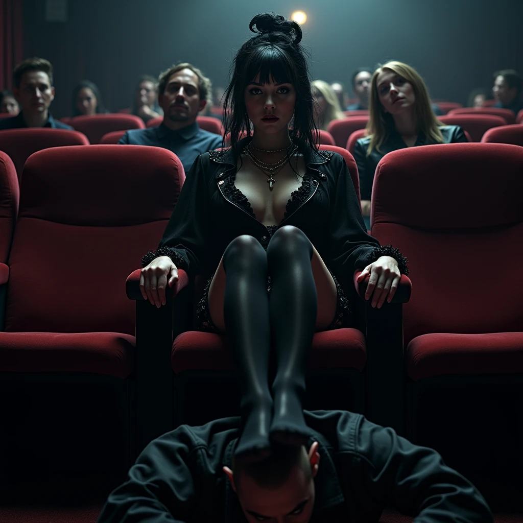 A goth girl sitting in a cinema seat wearing thigh high socks putting her feet on a man crawling on the floor, she's using him as a footstool, in a cinema, people around are laughing mockingly, hyperrealism, 4k, photo, realistic