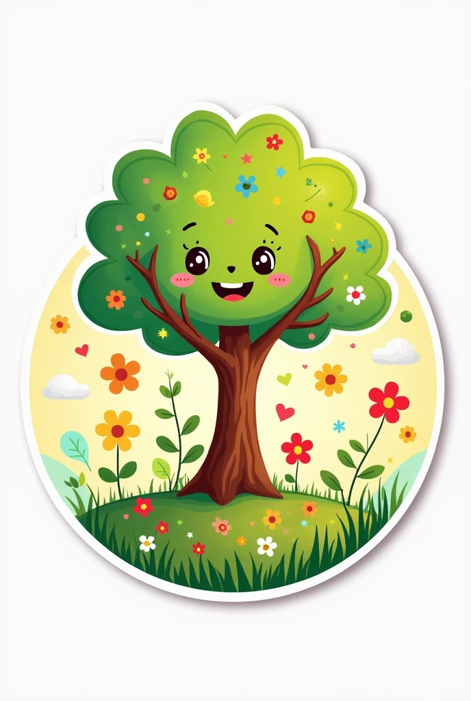 Idea of a round sticker design about a project called "happy tree" which aims to promote a day of fun and learning for children