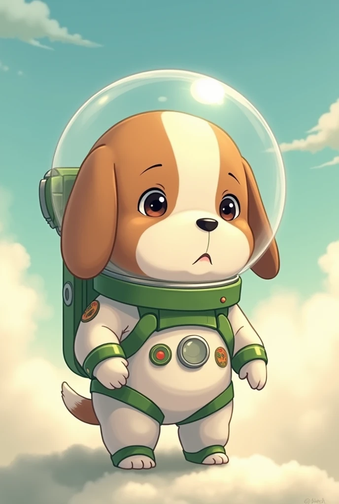 Beagle puppy in astronaut suit with green details, fluffly, studios Ghibli, gram