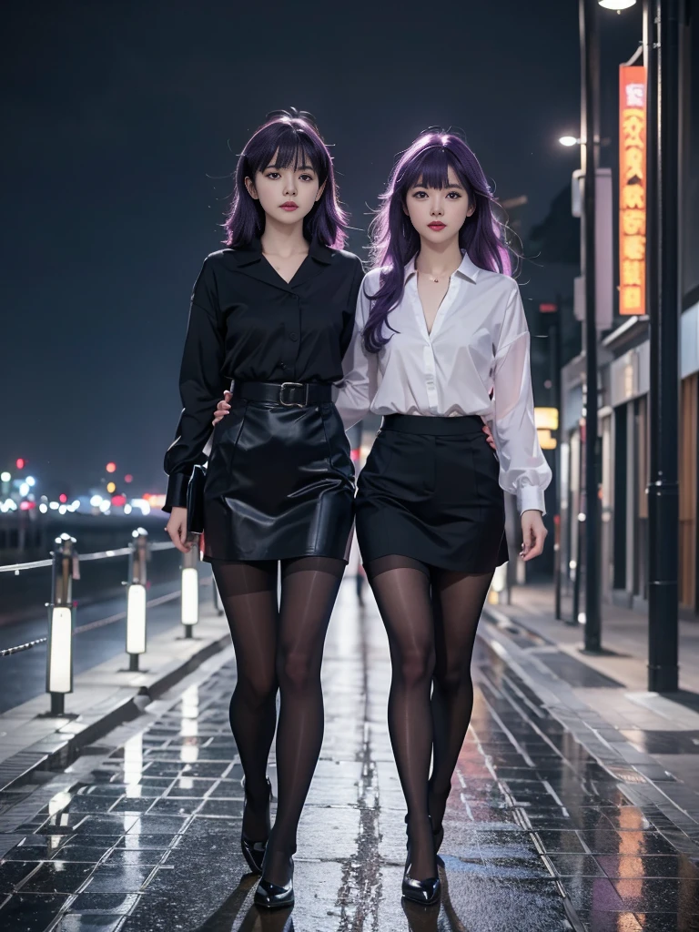 (One girl), masterpiece, photoRealistic, 8k, (Realistic: 1.2), whole body, View your viewers, pantyhose, Purple Hair, (Kafka: 1.2), walk, beauty, (Medium chest: 1.2) night, night sky, city, cityscape, rain, (dramatic: 1.2)