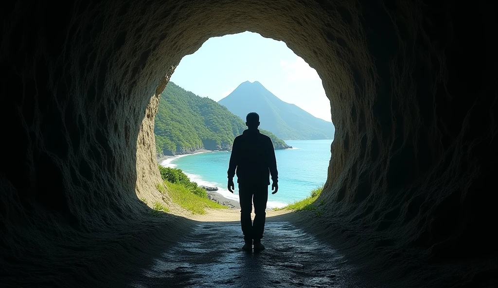 Draw a picture showing a man walking alone into a large tunnel. Look straight ahead. He walks into the tunnel, not facing away from the camera. His face is visible clearly and in great detail. The end of the tunnel shows a view of the ancient village of Ternate, North Maluku, Indonesia with the ocean and Mount Ternate. Emphasize the contrast between the dark, rough ground of the tunnel and the bright landscape.