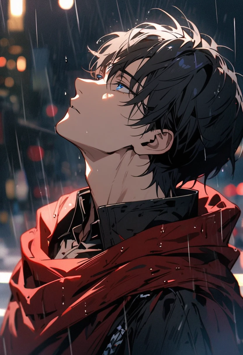 male, solo, handsome, black hair, side view, head up, tattered red cloak, beautiful color, high detail, macro picture, blue eyes, half eyes, rainy