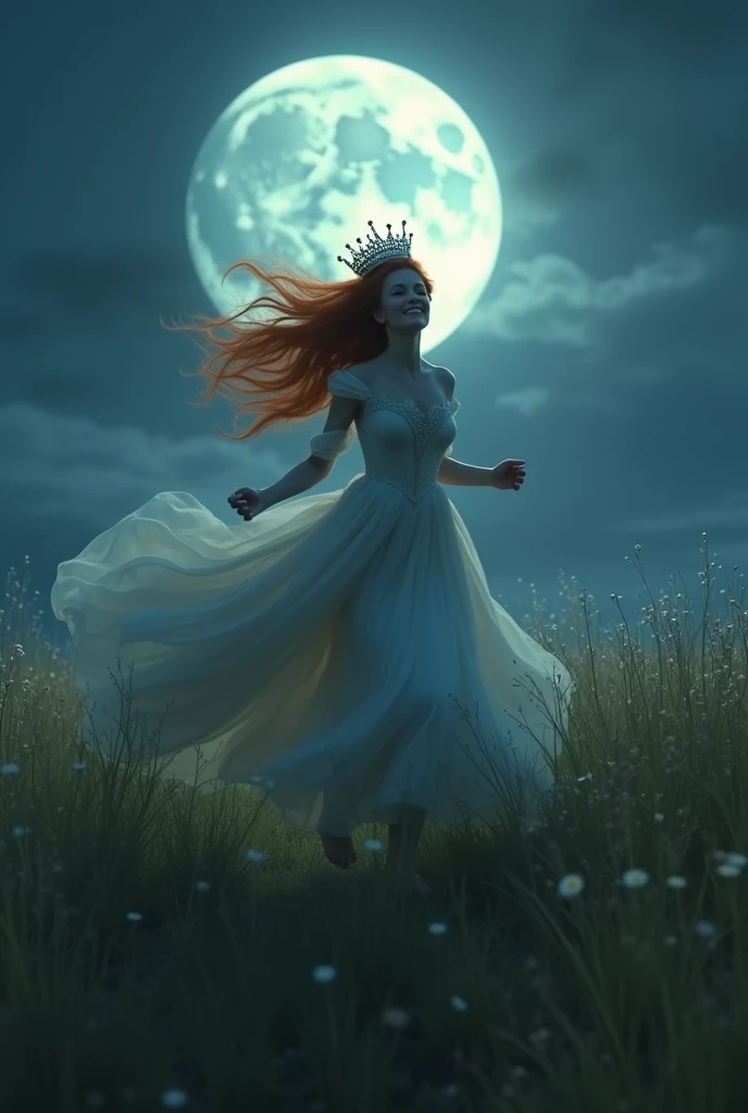 A princess who runs through a meadow desperate but free at the same time and it is nighttime she is a redhead and her crown is all tilted from running that she has a more extravagant but simple dress at the same time and that her face is not seen much that she has a long dress