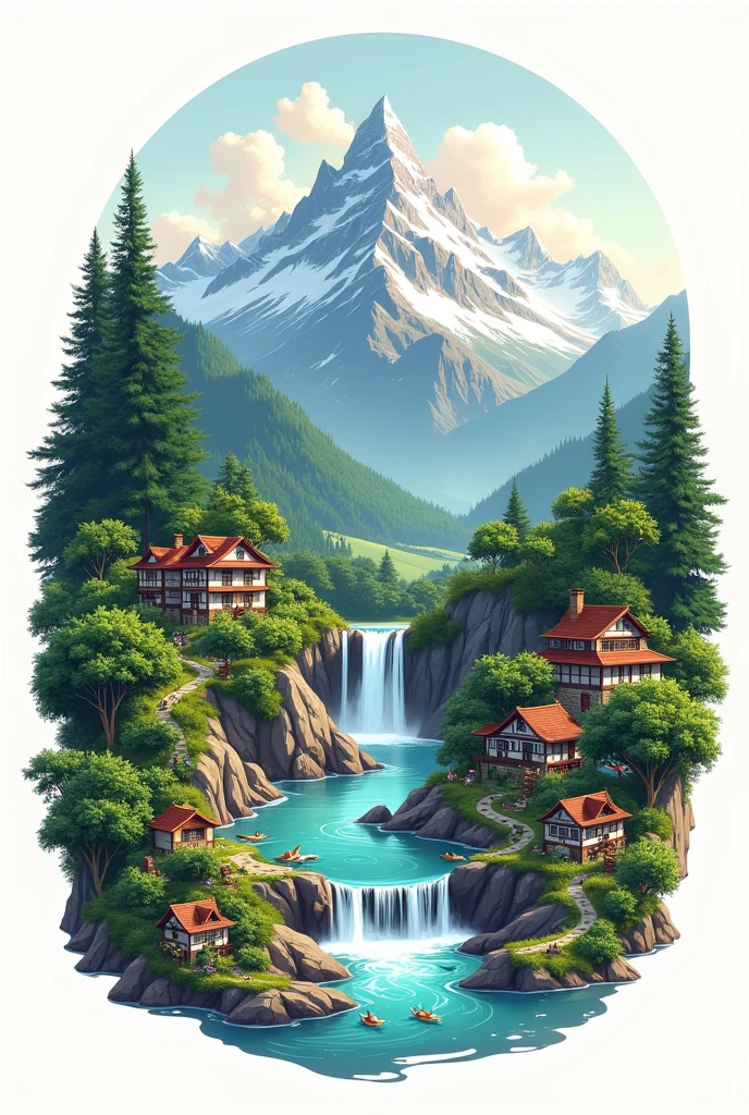 logo with mountains waterfalls villages flora and fauna