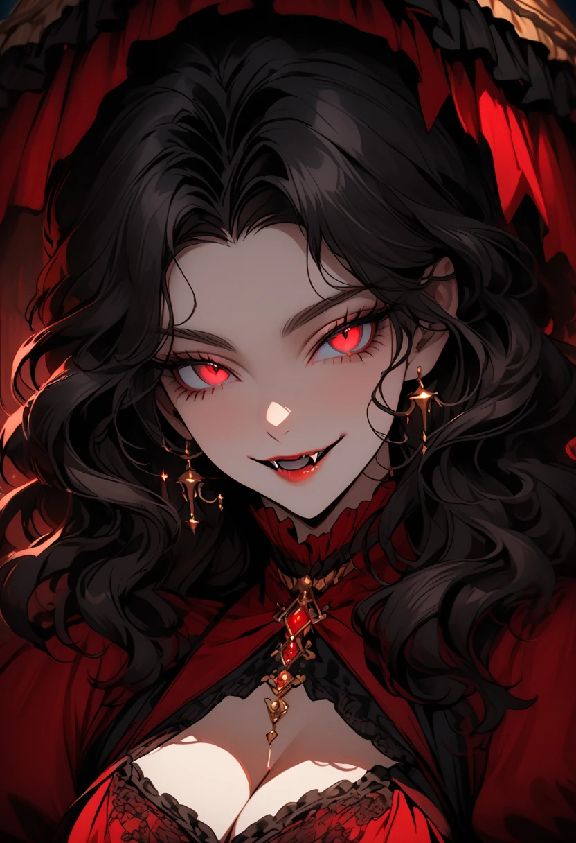 female focus, close up, deep crimson eyes, eyes with flecks of gold, wavy hair, thick hair, long flowing black hair, noble vampire girl, voluptuous, elegant, refined grace, pose, smile, parted lips, night town, Victorian dress, cleavage, fangs, parasol,