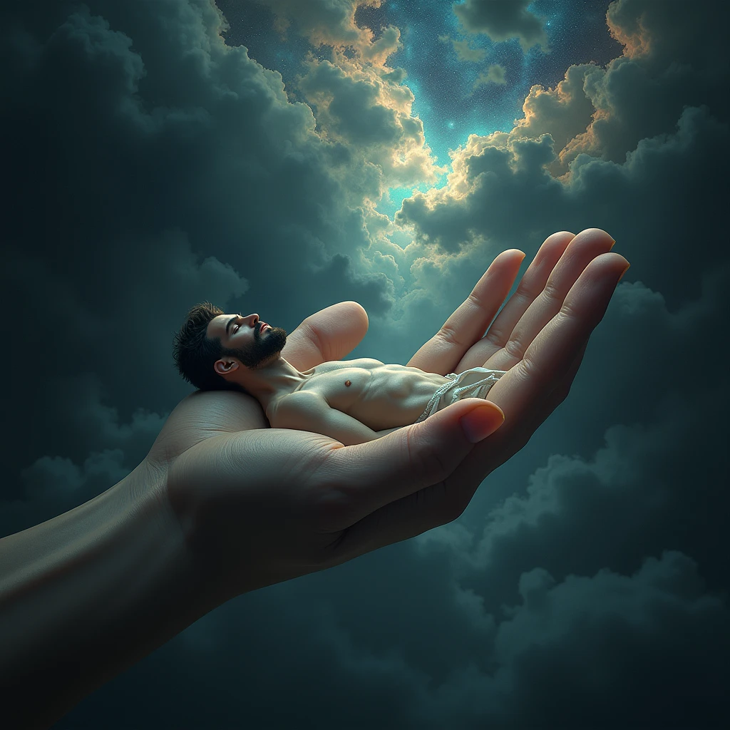 generate an image that refers to the creation of the world according to Genesis with a mysterious and dark tone with a celestial hand with a good man, set in the palm of that hand