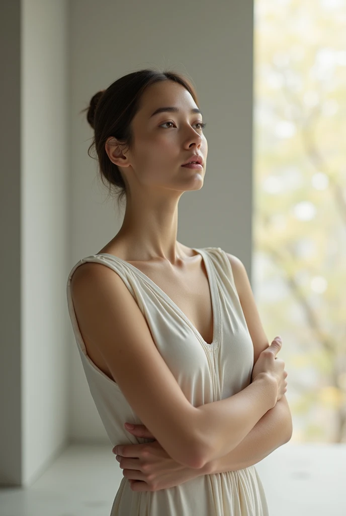 A person looking up and thinking、Woman arms folded