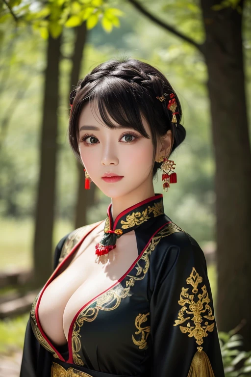 The woman has a pretty face。Short hair。Cute big eyes。Wearing traditional Chinese costume,Small breasts。 Dark color scheme including deep black, Dark red, the greens of the forest. The costume features intricate gold patterns and mystical symbols.. Natural light。jewelry、