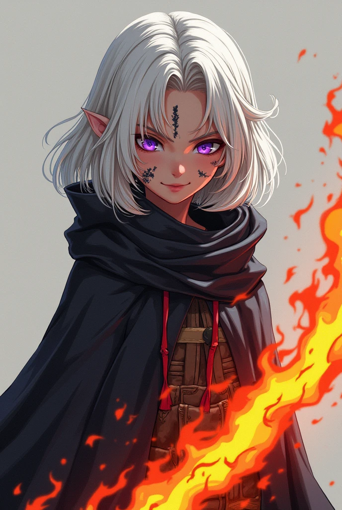 young anime style woman from front with dark skin with face full of deep scars, with white shoulder length hair, with purple eyes, wielding a fire bastard stuck in the ground, wearing a cloak covers the whole body, Grinning, make a really big sword, the young woman with very dark skin