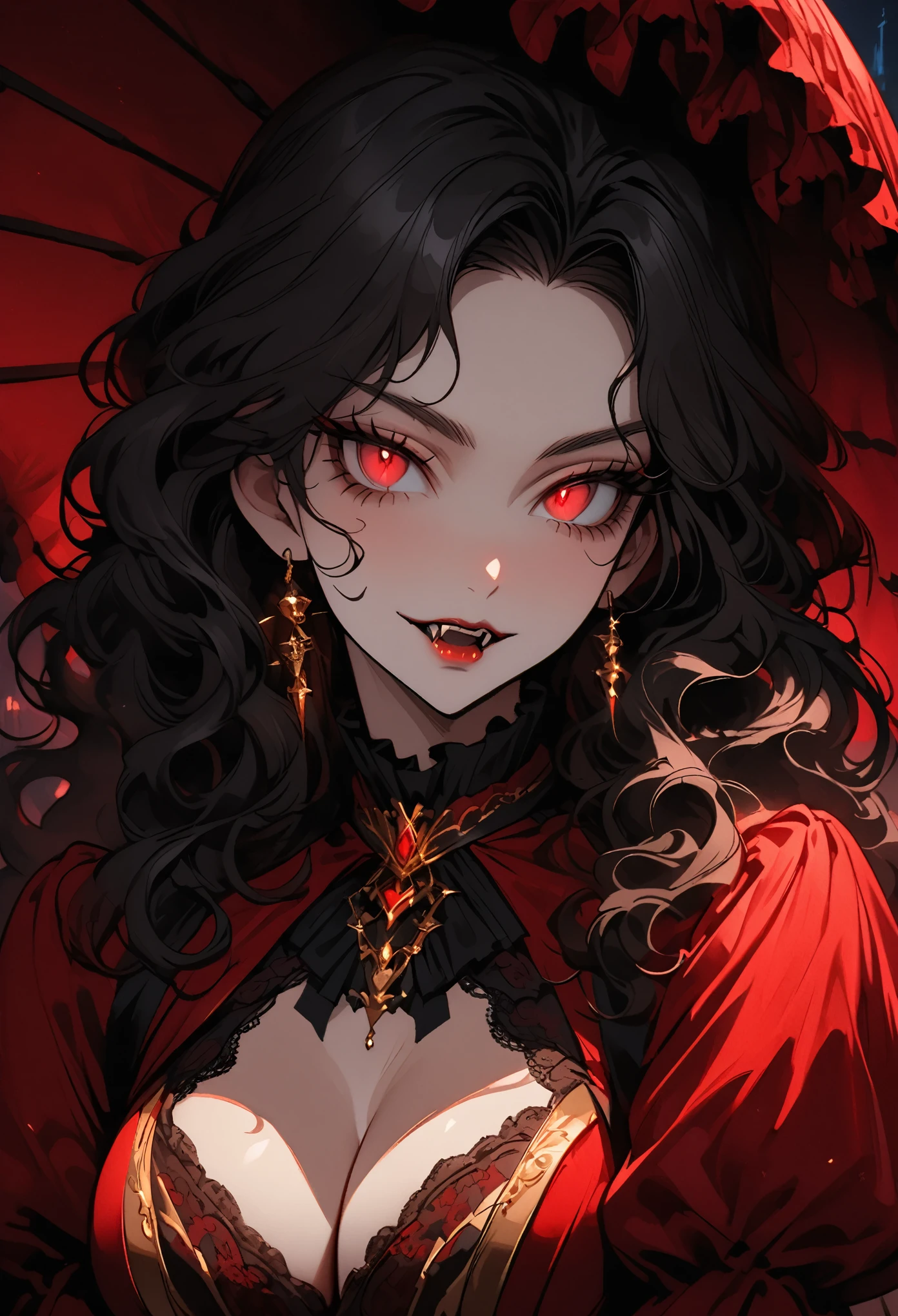 female focus, close up, deep crimson eyes, eyes with flecks of gold, wavy hair, thick hair, long flowing black hair, noble vampire girl, voluptuous, elegant, refined grace, pose, pleasant expression, night town, Victorian dress, cleavage, fangs, parasol,