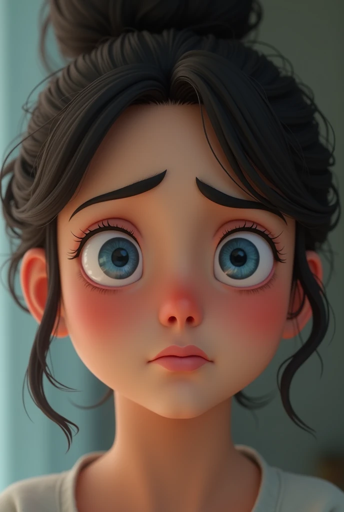 Worried and nervous expression of a woman with black messy bun hair,medium skin tone,circle cute face and blue eyes realistic digital art 8k