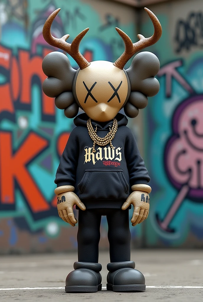 A unique, anthropomorphic figure, buck face ,kaws style body, two big spike buck horns on is head, a streetwear hoodie style, whit GB in Gothic letters. The figure is adorned with gold  chains in is neck,and diamond rings in the finguers, and a pair of  sneakers. It stands in front of a graffiti-covered wall, with various symbols and words painted.The ground appears to be a concrete skatepark ground