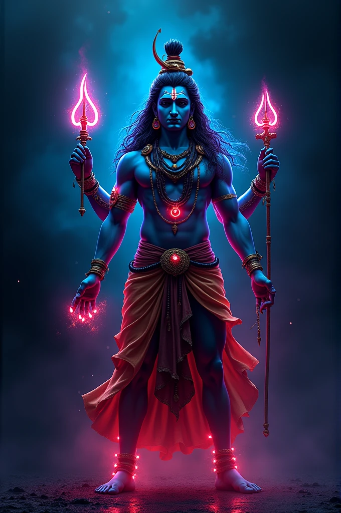 Create a picture of neon lord Shiva with dark black background 