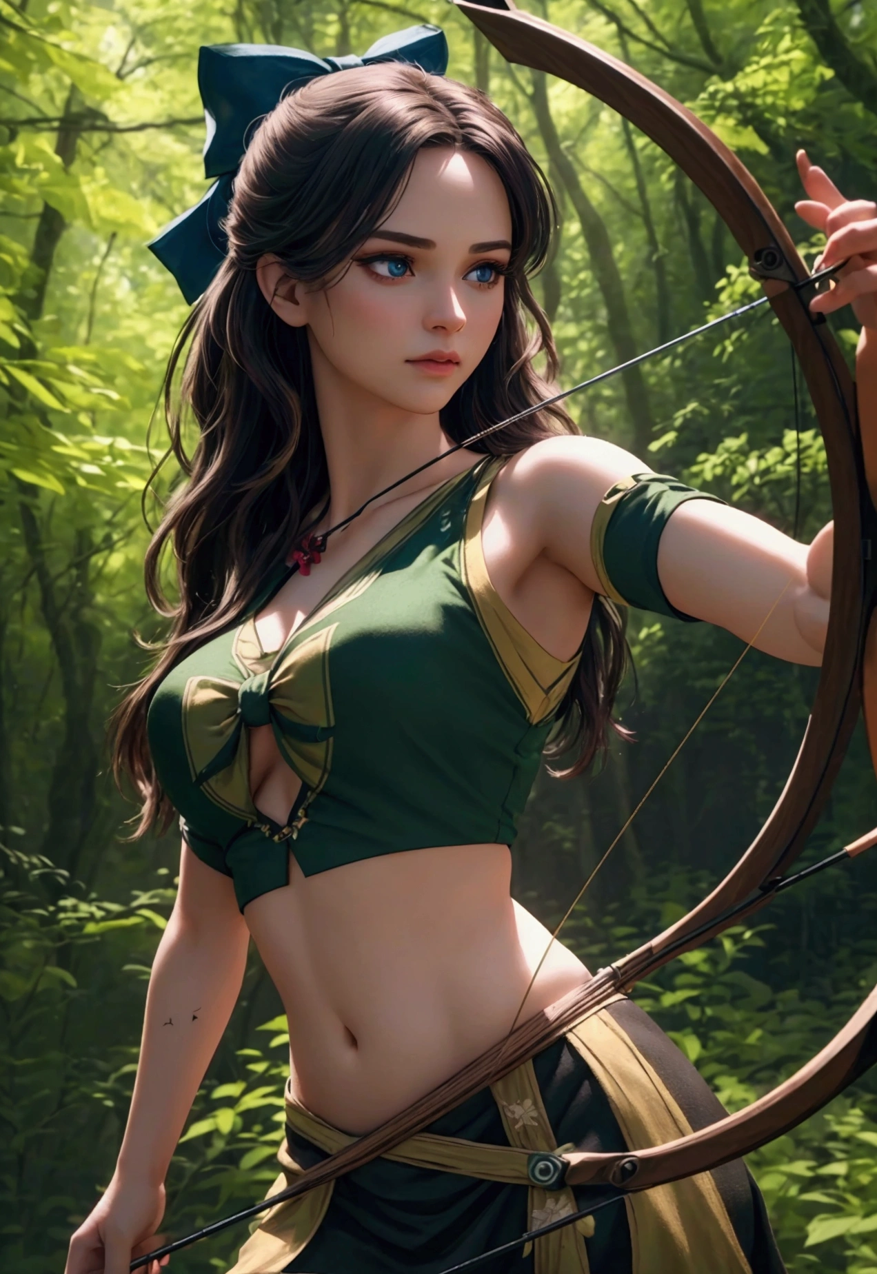 a beautiful young girl in a crop top shirt, holding a bow and arrow, outdoor archery scene, (best quality,4k,8k,highres,masterpiece:1.2),ultra-detailed,(realistic,photorealistic,photo-realistic:1.37),HDR,UHD,studio lighting,extremely detailed face and eyes,beautiful detailed lips,longeyelashes,slender figure,graceful pose,lush green forest background,sunlight filtering through the trees,vivid colors,dramatic lighting,cinematic composition