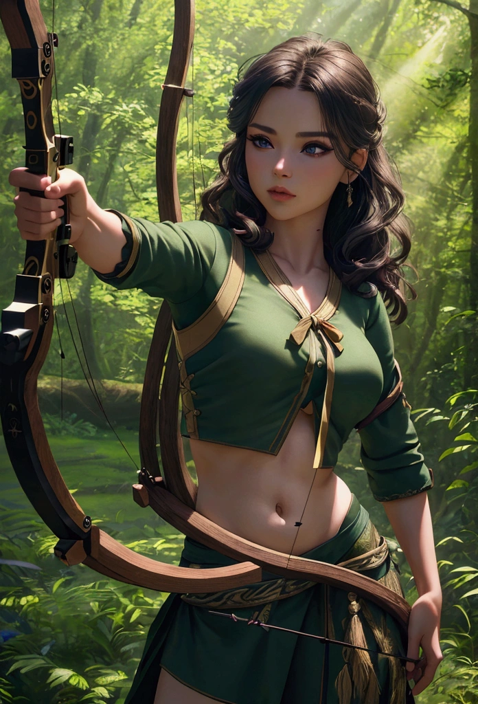 a beautiful young girl in a crop top shirt, holding a bow and arrow, outdoor archery scene, (best quality,4k,8k,highres,masterpiece:1.2),ultra-detailed,(realistic,photorealistic,photo-realistic:1.37),HDR,UHD,studio lighting,extremely detailed face and eyes,beautiful detailed lips,longeyelashes,slender figure,graceful pose,lush green forest background,sunlight filtering through the trees,vivid colors,dramatic lighting,cinematic composition