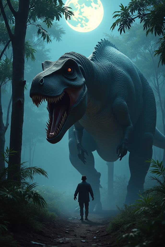 Tyrannosaurus Rex in the African forest at night in front of a man