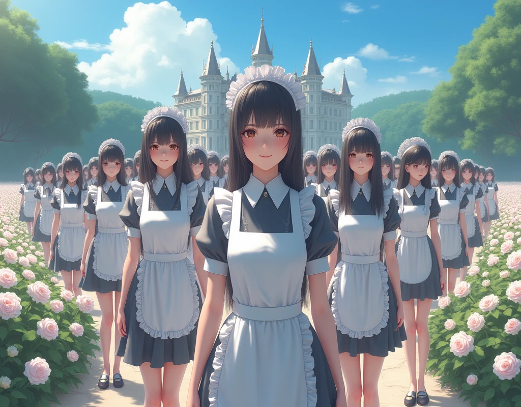 (No need to take a close-up of the subject in the center of the front), (Japanese Clone-girls=Myself), (Super Best masterpiece Clone-girls Raw Photography Art), (16K, Highest quality, Ultra-high resolution, RAW Photos), (It's so unrealistic., With unparalleled depiction, With an unfathomable sight, An unprecedented and shocking worldview, Clone-girls: In a world of mass reproduction, Ultra-realistic depiction), (Japanese girls, Sasaki Nozomi, 26yo), (Small face, Glossy dark hair, long hair, Dark Eyes, Mature face, Cute Smile), (A charming smiling face), (Very beautiful and detailed girl, Accurate body structure, Accurate body movements, Very detailed body), (Super big breasts, Large bulge of ample breasts), (orthodox maid clothes, Emphasise the fullness of your breasts), (Very detailed, Myself cloning, Depiction of splitting oneself, 1Myself girl→1,000,000,000,000,000,000,000,000,000,000Myself cloning girls), (Myself clone girlsは, With the same perfect appearance, to multiply in large numbers), (Very detailed depiction, Myself's multiplying female body, In the same female body,With the same face, With the same hairstyle, In the same clothes, At the same height, 同じSuper big breastsで, A completely indistinguishable female body, 1,000,000,000,000,000,000,000,000,000,000 people), (Myself girls only), (1,000,000,000,000,000,000,000,000,000,000Myself girls), European-style building, Vast rose garden, Lily Description, Physical contact, Cute smile, A happy smile, Pleasant blue sky