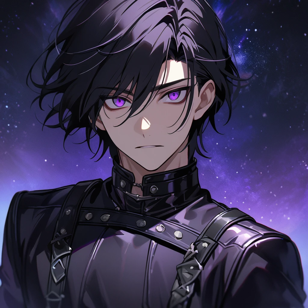 High quality, HD, 4k, no shadows, handsome male, handsome, extremly handsome, 1male, 1 male, teenager, pure black hair, short black hair, dark hair, black hair, jet black hair, sharp eyes, deep purple colored eyes, dark purple colored eyes, deep violet eyes, violet eyes, devil may cry, close up, calm expression, stoic expression, black leather clothes, black leather clothing, leather clothing, lean body, well trained body, upper body, looking at viewer, cowboy shot, white solar, space background