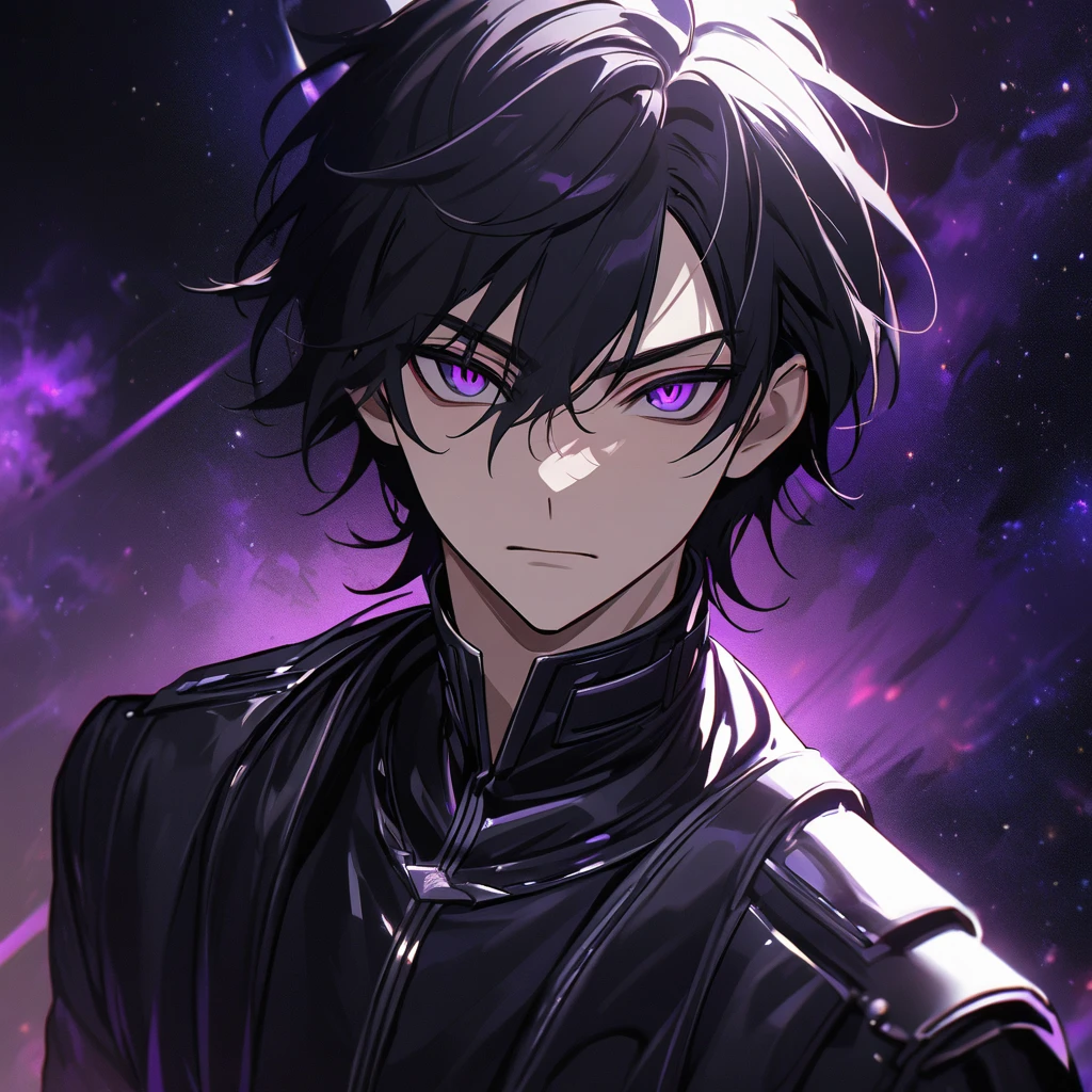 High quality, HD, 4k, no shadows, handsome male, handsome, extremly handsome, 1male, 1 male, teenager, pure black hair, short black hair, dark hair, black hair, jet black hair, sharp eyes, deep purple colored eyes, dark purple colored eyes, deep violet eyes, violet eyes, devil may cry, close up, calm expression, stoic expression, black leather clothes, black leather clothing, leather clothing, lean body, well trained body, upper body, looking at viewer, cowboy shot, white solar, space background