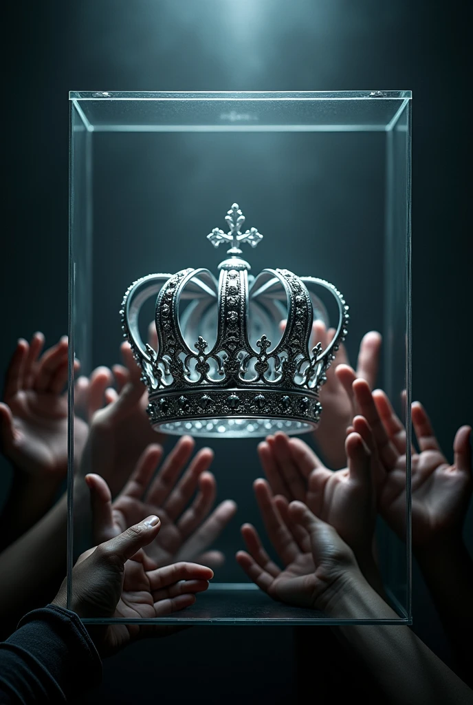 (bookcover), large silver wedding crown, Wedding crown in a glass box on the table, dark background, many hands want to grab the wedding crown, perfect hands