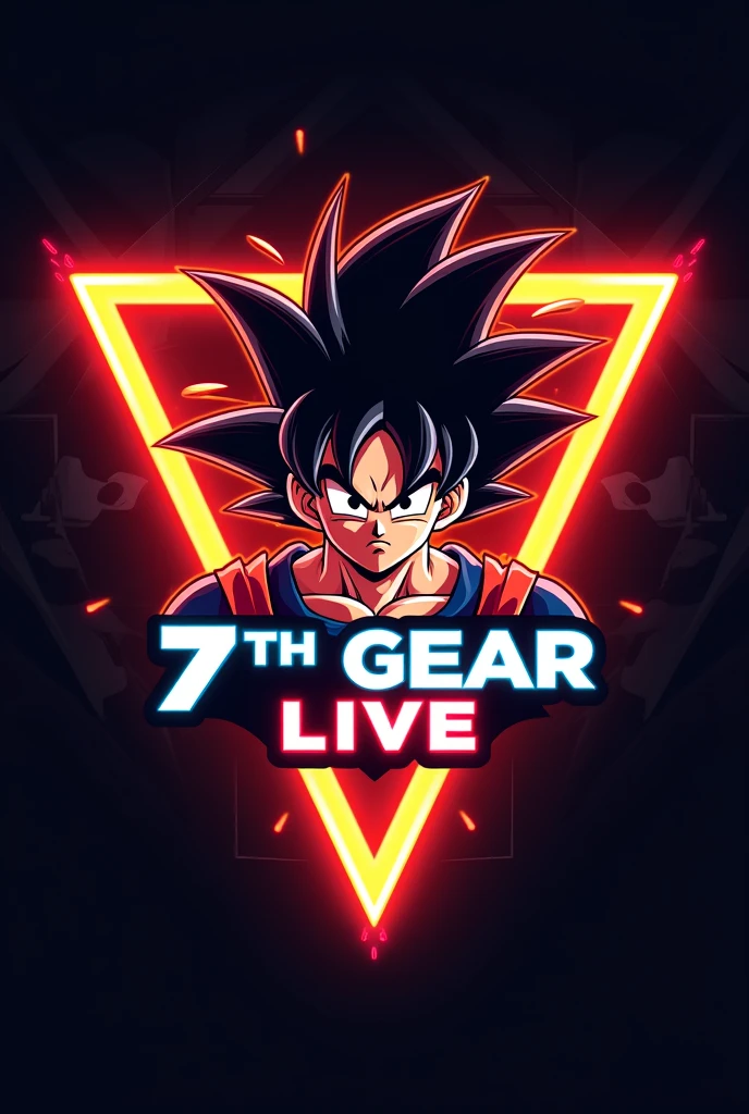 Creat a gaming logo for gaming channel with Goku anime character in front with triangle background of neon yellow and red colour, featuring the name as "7TH GEAR LIVE" in capital letters with futuristic font