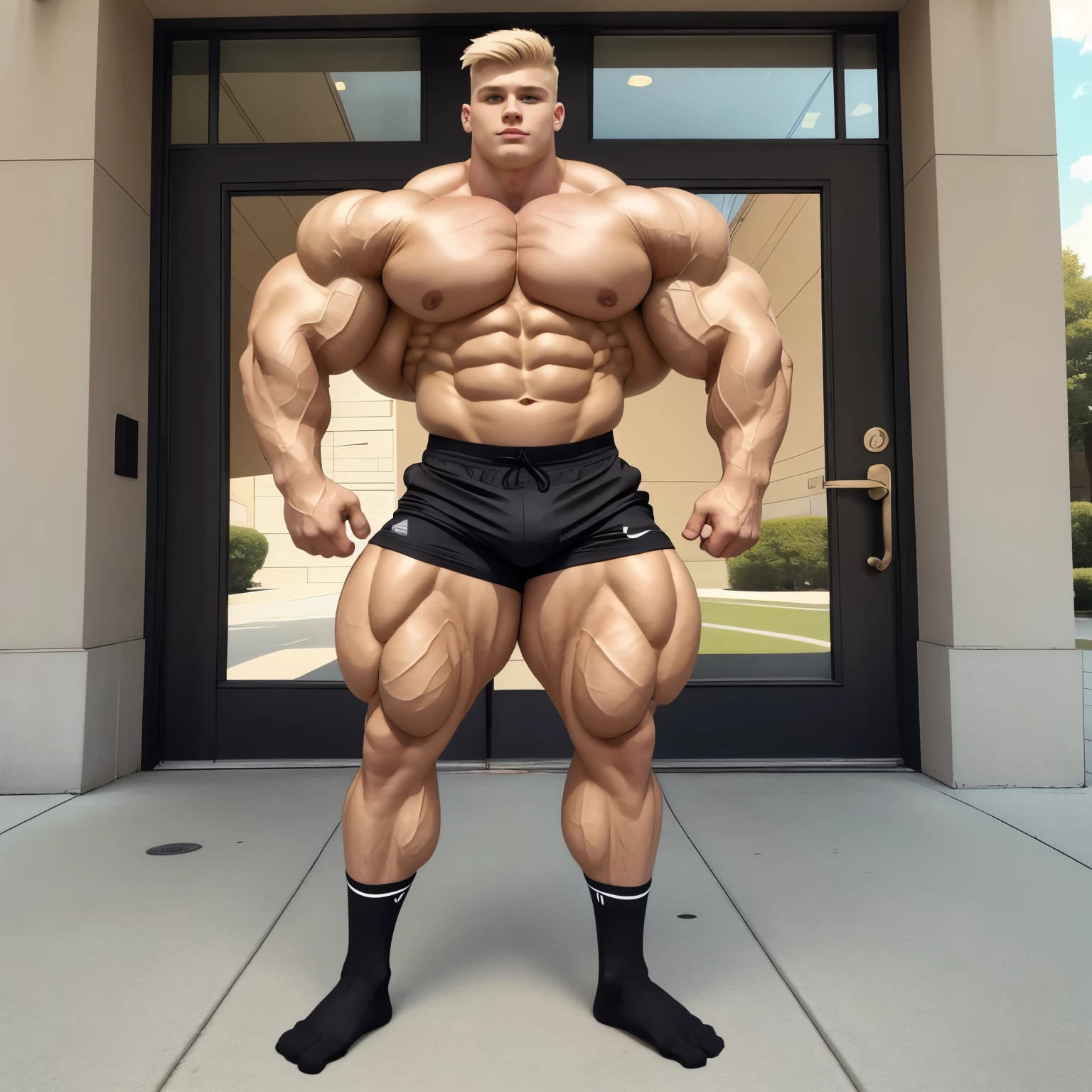 full body view, one cute white blonde undercut boy model wearing black socks and lycra sport shorts, no shoes, looking like a freaky roidstuffed over-bloated bodybuilder, proudly posing outside, front american college, black socks must be seen