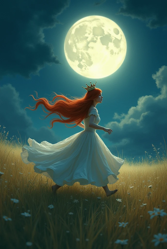 A princess who runs through a meadow desperate but free at the same time and it is nighttime she is a redhead and her crown is all tilted from running that she has a more extravagant but simple dress at the same time and that her face is not seen much that she has a long dress that her crown is smaller