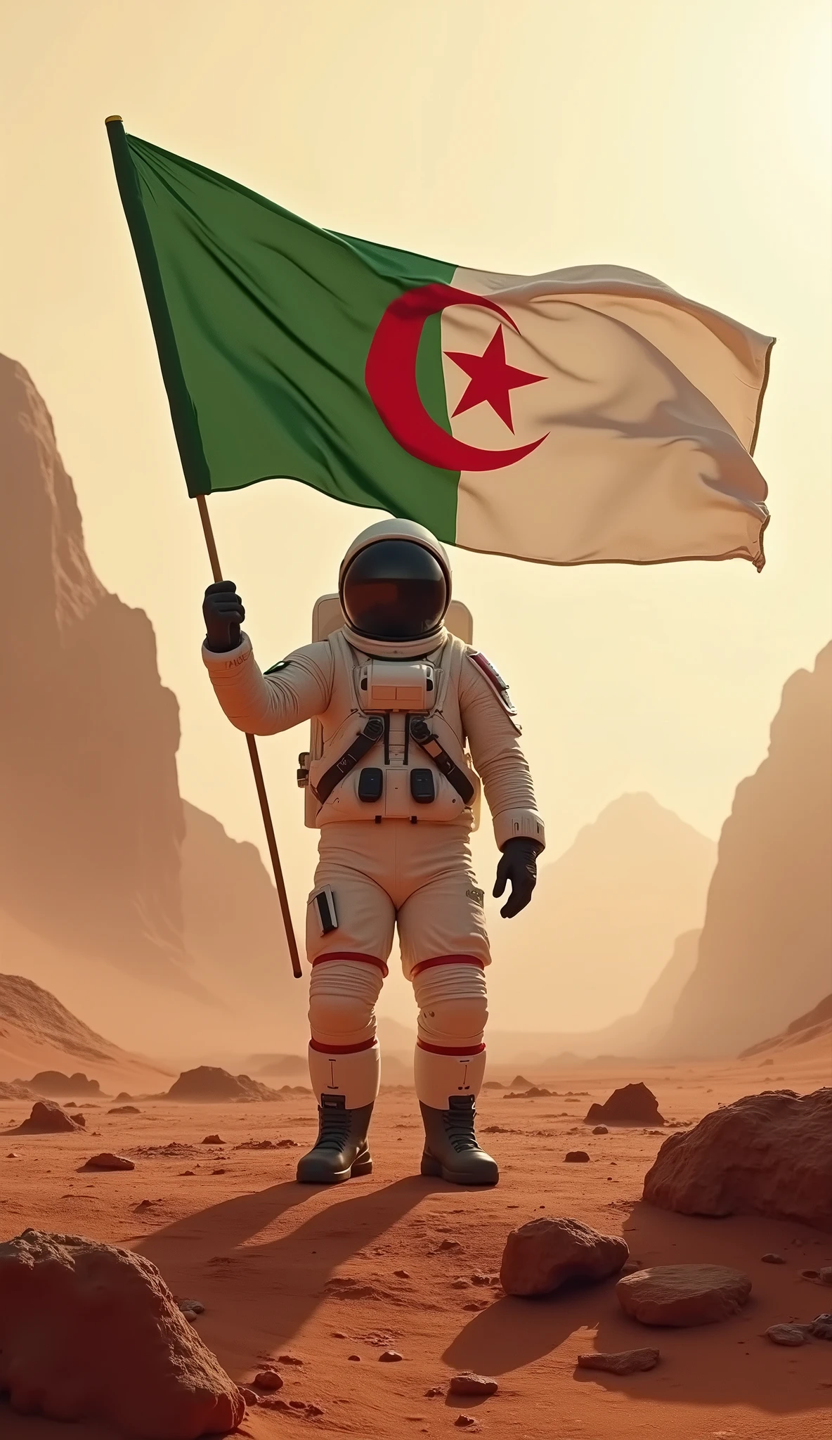 An astronaut carrying the Algerian flag on the surface of Mars 