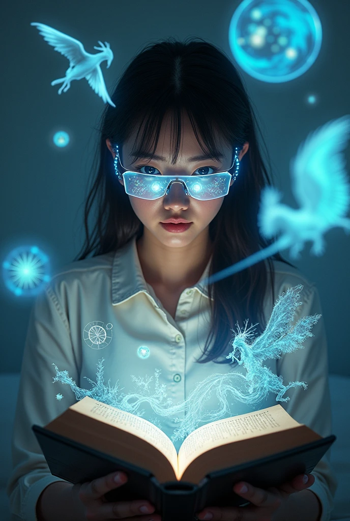 A woman wearing artificial intelligence glasses, reading a book, and images from that book appearing around her