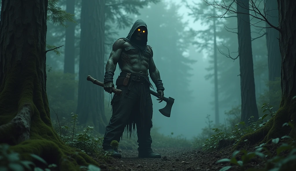 make pictures that illustrate an urban legend about a cursed lumberjack who haunts a forest, detailded, photoshot_\( ultra\), photoshotrealisitic, realisitic, Post-processing, Maximum details, roughness, real-life, ultrarealisitic, photoshotrealism, photoshotgraphy, 8k hd, photoshotgraph