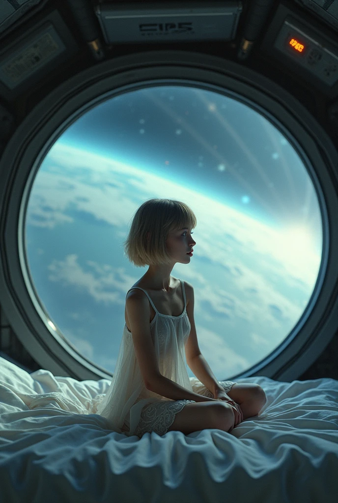 (photorealism:1.2), Young girl, short dark blonde hair, in Transparent nightgown, Sitting on the bed by the large round eldumtnator of the spaceship, space, earth