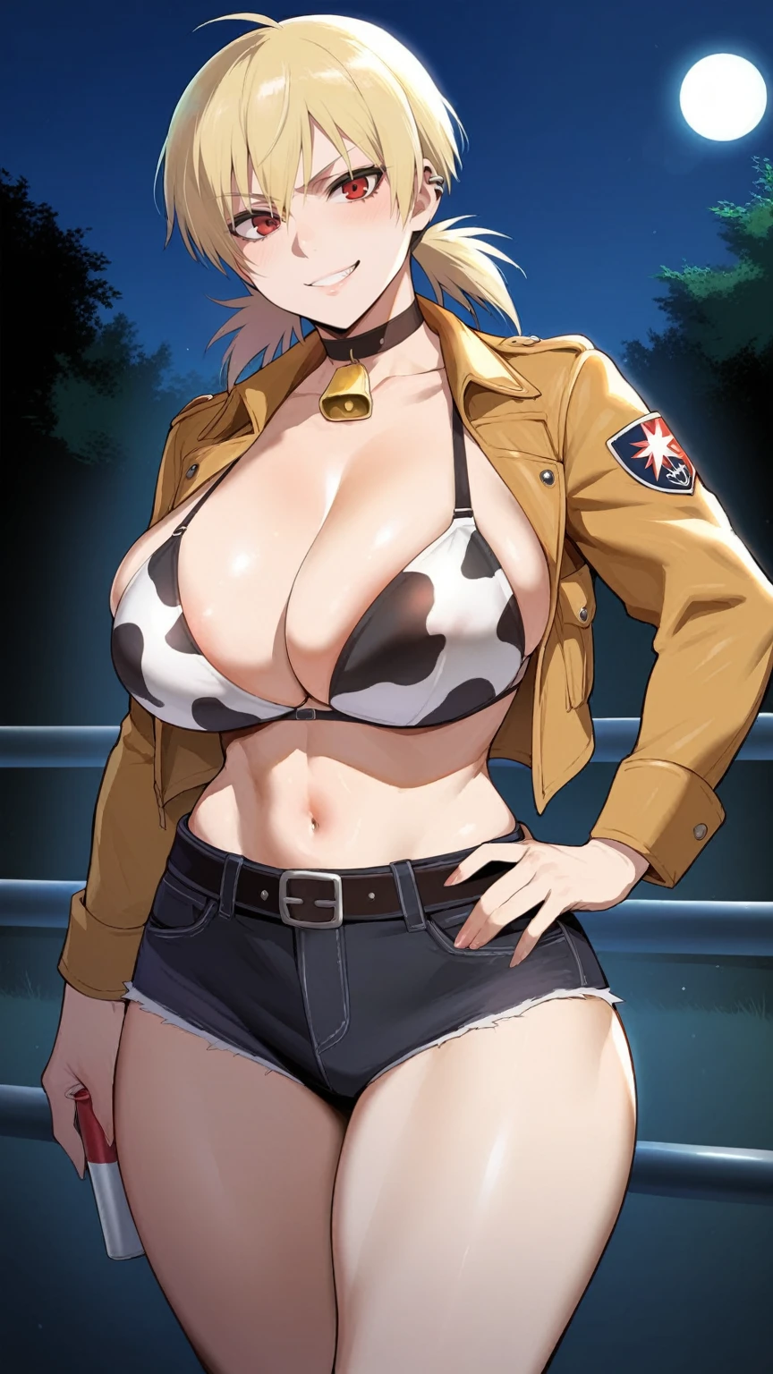 source_anime, rating_explicit, score_9, score_8_up, score_7_up, goth, gothic, blonde hair, short_hair, looking at viewer, hellsing, goth girl, ikuchan, smirk, green eyes, smirk, standing, portrait, masterpiece, face focus, tomboy, huge thighs, tiny waist, wide hips, huge breasts, cow pattern, cow pattern underwear, yellow cropped jacket, open jacket, casual, red eyes, cow pattern bra, sexy, seductive, twintails, outdoors, night, nighttime, moonlight, navel