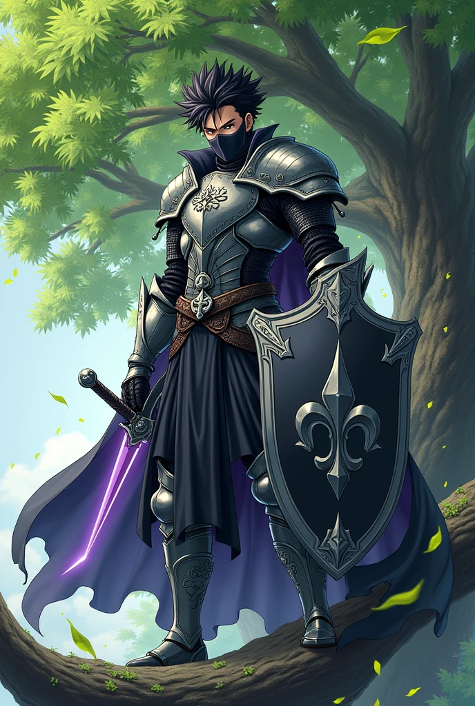 Create a digital anime-style artwork of an original medieval warrior character. The character has spiky dark hair, large expressive eyes, and wears detailed silver and black armor with a dragon emblem on the chest. His face is partially covered by a black mask. He stands on a tree branch, holding a shield with a fleur-de-lis symbol, and a sword sheathed at his waist. A faint purple aura surrounds him, representing magical energy. The background features a vibrant green tree with falling leaves, creating a sense of movement. The artwork should have dynamic shading, bold lines, and muscular proportions typical of shounen anime.