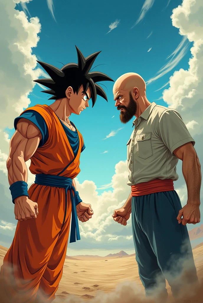 son goku from dragon ball vs walter white from breaking bad, in the air