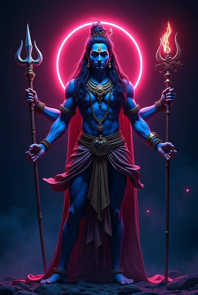 Create a picture of neon lord Shiva with dark black background