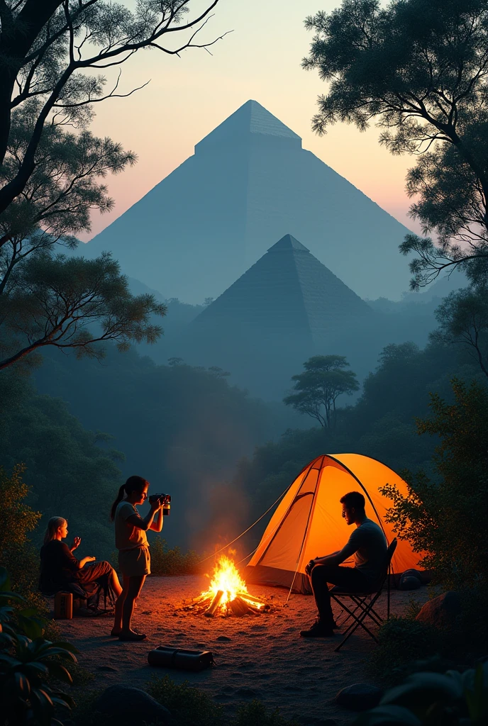 Photorealism 1.4 realistic realism high detailed definition campsite jungle at hills facing big pyramids man sitting on the chair dusk mode campfire tent view from the air bagpack beside big tent women cooking view from above one person taking a picture