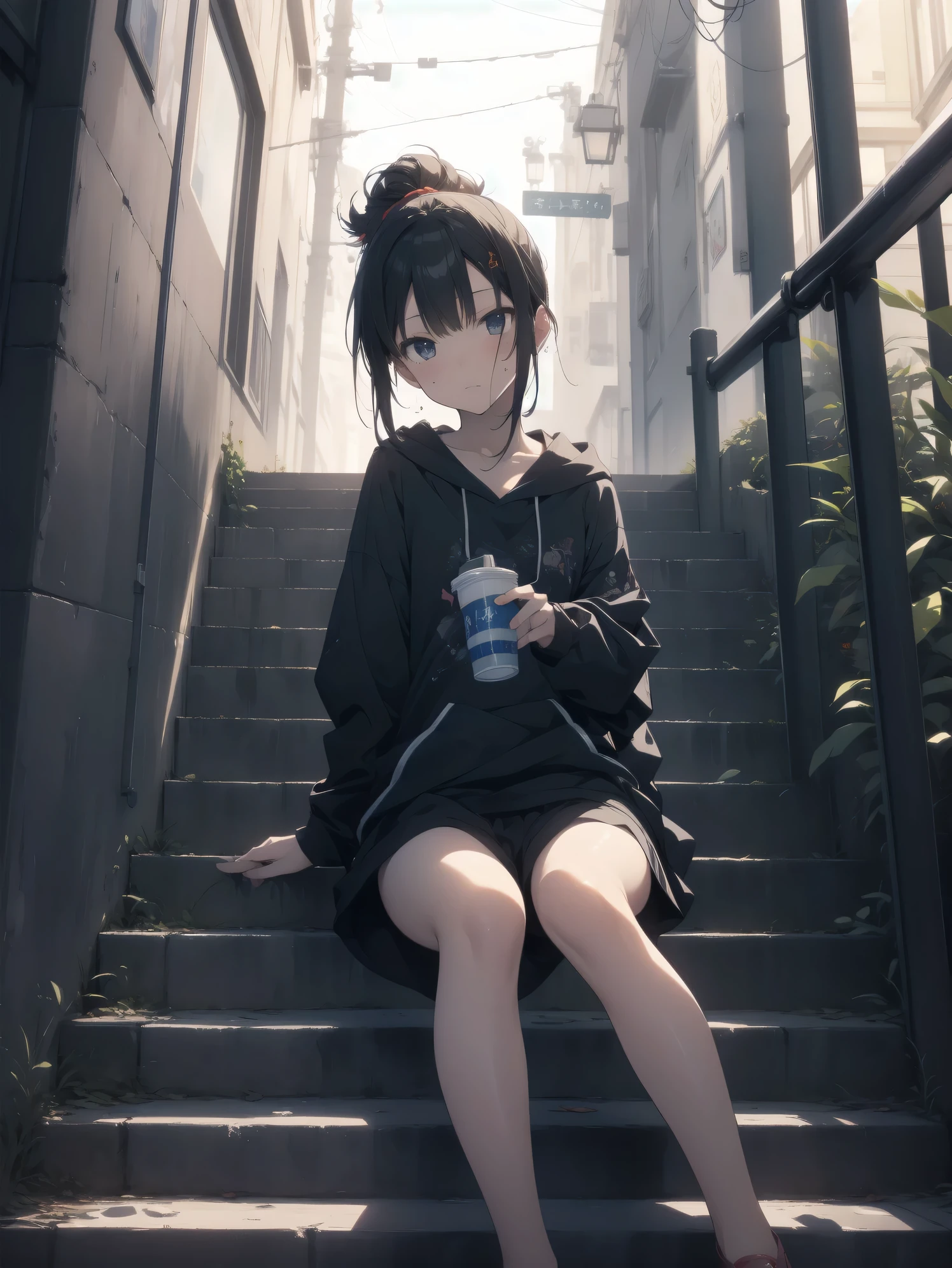 ultra-absurdres-Top quality by artist God, ultra-detailed, high resolution, anime moe artstyle, best anime 8k konachan wallpaper, pixiv contest winner, perfect anatomy,break, 1girl, (Please draw a girl sitting on stairs alone. )break,(Solo,little female, loli_face,14yo:1.3),glasses, small breasts, beautiful (well-shaped) breasts, (white bra:1.1), navel, groin, butt, small black eyes, beautiful detailed eyes, well-proportioned iris and pupils, highres detailed hair, sweat, expressionless, hoodie, sporty shorts, (Detailed Lighting), (Detailed background), outdoors, stairs. break,super detailed skin, shiny skin, Best sexual lighting powered by famous artist, 8k,beauty illustration,photoshop_(medium),very aesthetic,break,((artist:takeuchi_takashi )), artist:clamp ,artist:carnelian ,artist:kantoku ,