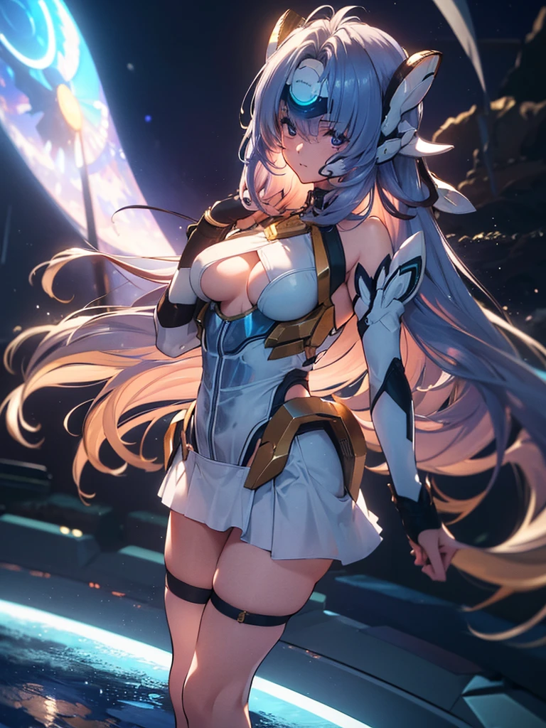 (masterpiece:1.3), (8k、Realistic, RAW Photos, Highest quality:1.4), (alone), One Girl, (((Lamb Wash))), Beautiful Face, 完璧な対称性を持つBeautiful Face, Cute Face, (Beautiful light blue long hair), With bangs, Has a visor on the forehead, Beautiful purple eyes, Perfect Anatomy, (Skin with attention to detail: 1.2), Natural Breasts, Beautiful thighs, Natural buttocks, White costume, mini skirt, Open-chested outfit, In space you can see stars and planets, Standing on the deck of a spaceship, Perfect lighting, Focus Only, Perfect Anatomy,Front view,