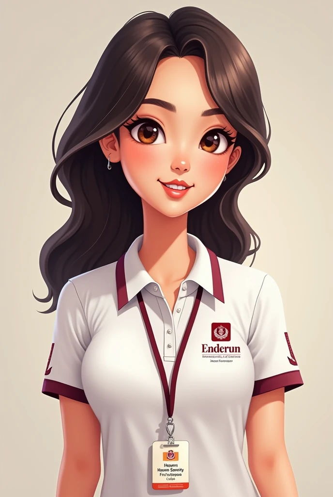 Beautiful lady wearing a white polo shirt with a touch of maroon with an ENDERUN INTERNATIONAL COLLEGE logo and lanyard with ENDERUN INTERNATIONAL COLLEGE text and an ID (with picture) with a name HAVEN SERENITY FELIZEIANA SUAREZ as the name. Realistic cartoon