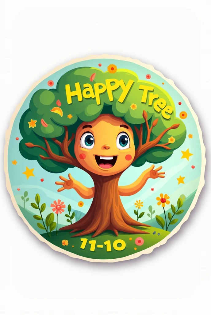 Idea of a round sticker design about a project called "happy tree" which aims to promote a day of fun and learning for children with their name written and the date (11/10)